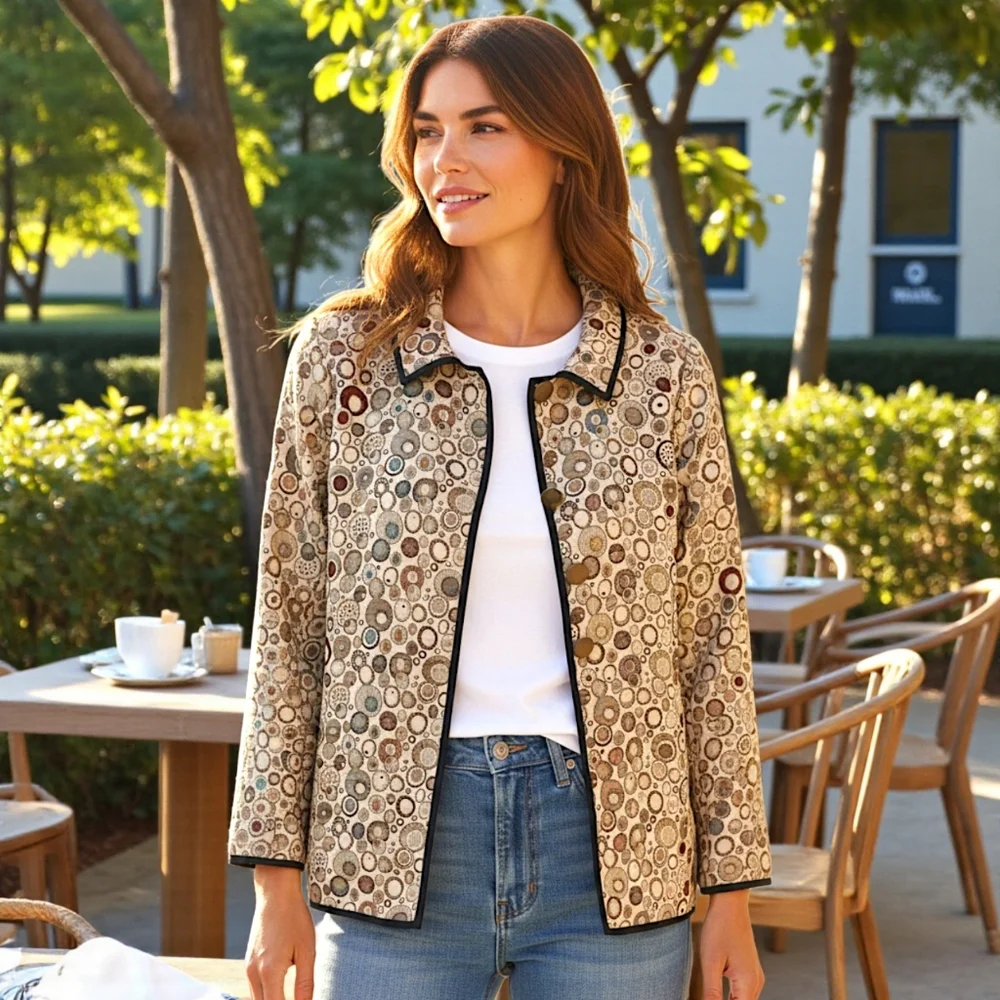 I Reversibles Tapestry Chore Jacket Sz‎ L Boho Damask Utility Boxy Career Button